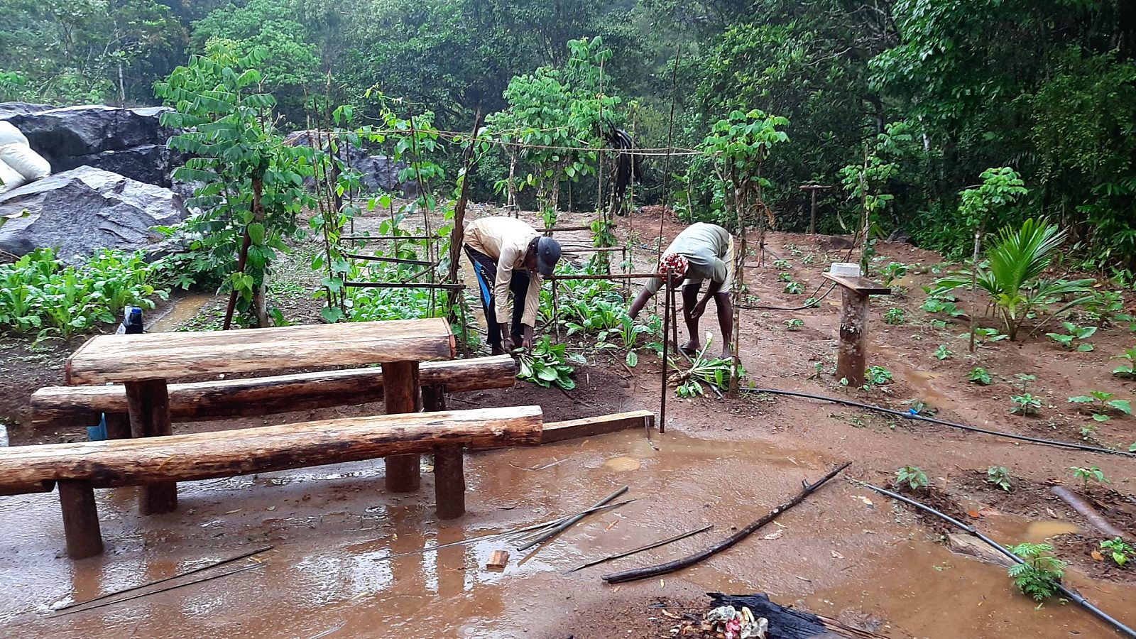 An open riverside deck with people working beside the water